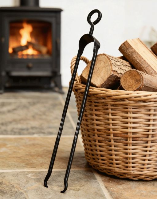 The Extra Long "Sajama" Natural Iron Twist Fireplace Tongs Leaned up Against a Log Basket - Digital Illustration The Extra Long "Sajama" Natural Iron Twist Fireplace Tongs Leaned up Against a Log Basket - Digital Illustration