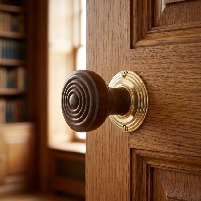 The Flat Spiral wooden Door Knobs Set in Rose Wood on a Wooden Door to a Home Study - Digital Illustration The Flat Spiral wooden Door Knobs Set in Rose Wood on a Wooden Door to a Home Study - Digital Illustration