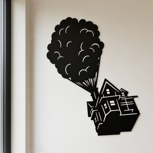 Floating House on Balloons Steel Wall Art in Situ in the Home Floating House on Balloons Steel Wall Art in Situ in the Home