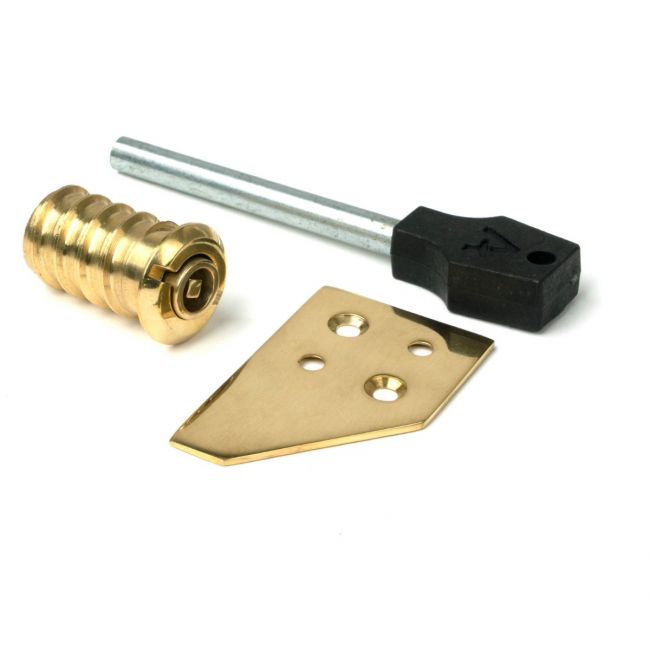 The Flush Fitting Lockable Sash Window Security Stop in Polished Brass Shown in Separate Parts The Flush Fitting Lockable Sash Window Security Stop in Polished Brass Shown in Separate Parts