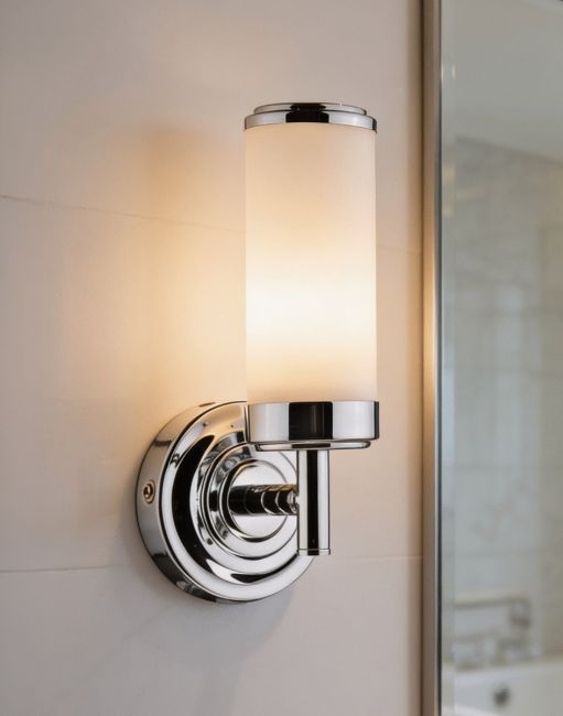 The Flush Sunset Bathroom Wall Light Mounted to a Tile Bathroom Wall in a Modern Home - Digital Illustration The Flush Sunset Bathroom Wall Light Mounted to a Tile Bathroom Wall in a Modern Home - Digital Illustration