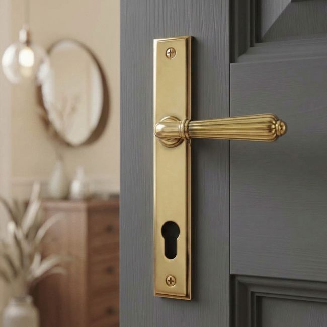 The Fluted Slimline Exterior Door Handle - Aged Brass Finish Shown from the Front.