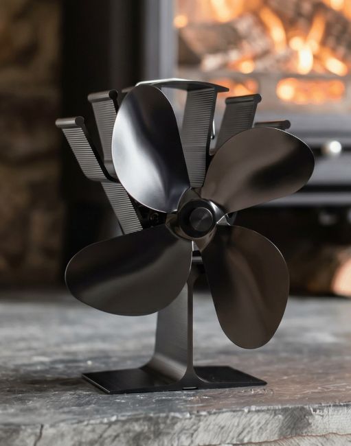 The Four Blade Heat Powered Stove Fan in Front of a Black Fireplace - Digital Illustration The Four Blade Heat Powered Stove Fan in Front of a Black Fireplace - Digital Illustration