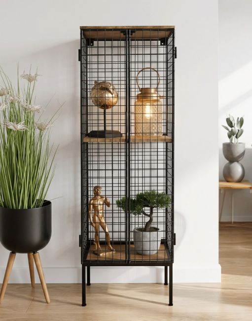 The Freestanding Caged Storage Cabinet Positioned in a Modern Living Room Interior - Digital Illustration