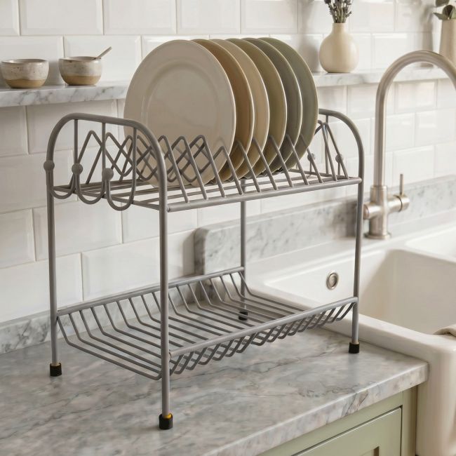 The Freestanding Draining Rack in a Contemporary Tiled Kitchen Next to a Sink - Digital Illustration 