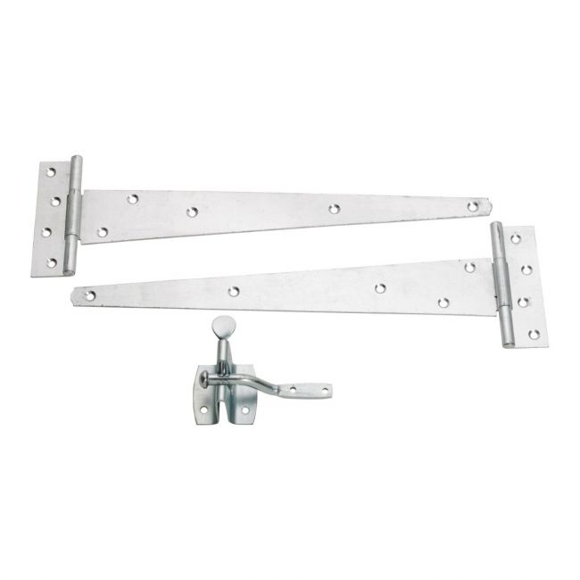 The Galvanised 450mm (18") Door Hardware Kit - Complete Tee Hinges & Auto Latch Pack on a White Background 