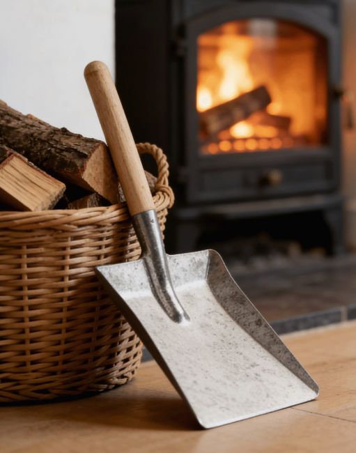 The Galvanised Fireside Shovel Next to a Log Basket in a Modern Living Room - Digital Illustration The Galvanised Fireside Shovel Next to a Log Basket in a Modern Living Room - Digital Illustration