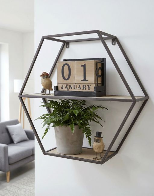 The Geometric Iron & Wood Shelf Mounted on a White Living Room in a Modern Home - Digital Illustration