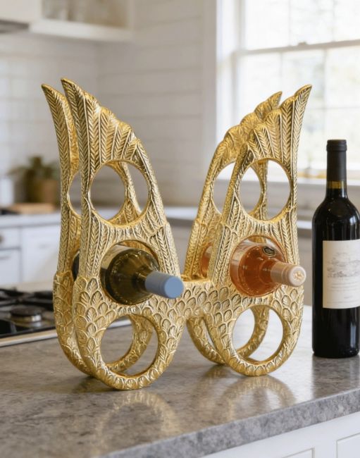 The Gold "Angel Wings" Wine Rack on a Modern Marble Effect Kitchen Countertop - Digital Illustration The Gold "Angel Wings" Wine Rack on a Modern Marble Effect Kitchen Countertop - Digital Illustration