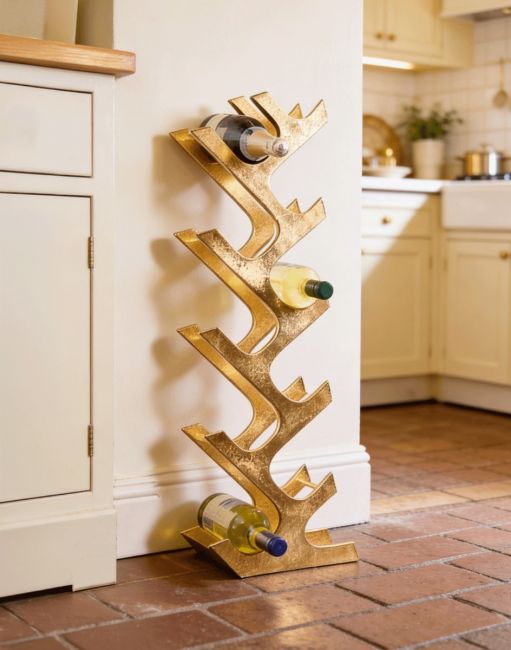 The Gold "Art Deco" 11 Bottle Wine Rack Positioned in a Sunny Cream Country Kitchen - Digital Illustration The Gold "Art Deco" 11 Bottle Wine Rack Positioned in a Sunny Cream Country Kitchen - Digital Illustration