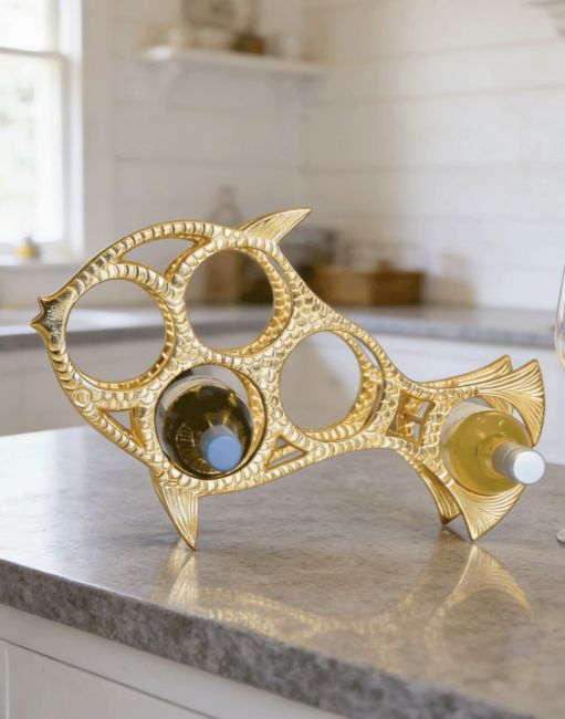 The Gold "Fish" Wine Rack Displayed on a Kitchen Work top in a Modern Home - Digital Illustration