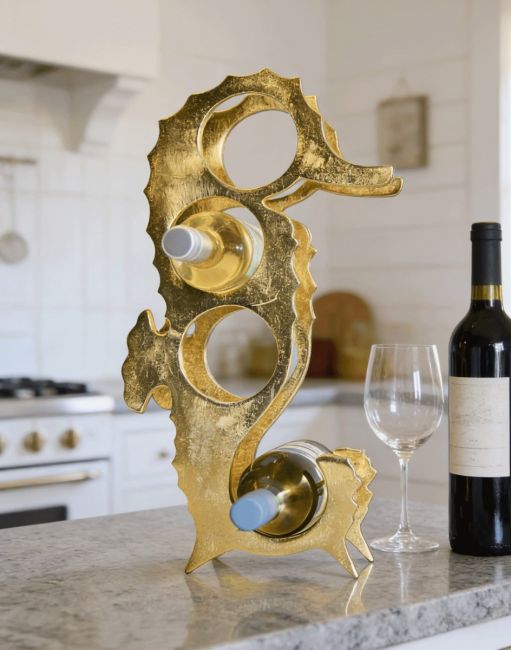 The Gold "Seahorse" Wine Rack Displayed next to a Bottle of Wine in a Luxury Kitchen - Digital Illustration The Gold "Seahorse" Wine Rack Displayed next to a Bottle of Wine in a Luxury Kitchen - Digital Illustration
