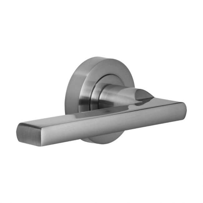 The Graphite and Chrome Round Rose Door Handles - Modern Lever Pair on a White Background