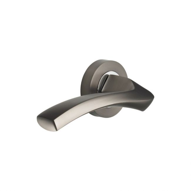 The Graphite Grey Round Rose Door Handles - Arched Flat-Top Lever Pair on a White Background The Graphite Grey Round Rose Door Handles - Arched Flat-Top Lever Pair on a White Background