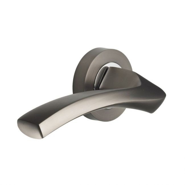 The Graphite Grey Round Rose Door Handles - Arched Flat-Top Lever Pair on a White Background