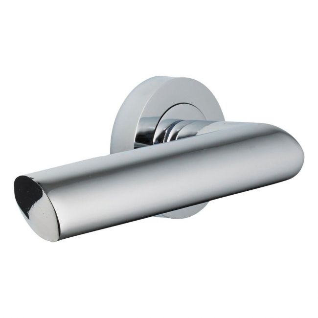 The Graphite Round Rose Door Handles - Modern Curved Lever Pair on a White Background