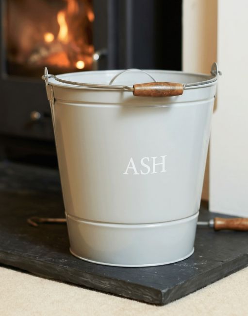 Grey Ash Bucket with Lid In A Fireplace Setting