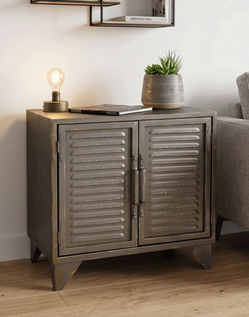 The Grey Metal Industrial Cabinet in a Living Room next to a Sofa - Digital Illustration