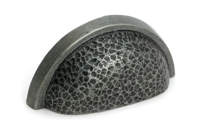 The Hammered "Stratford" Traditional Cup Handle in a Pewter Finish on a White Background Shown from the Front
