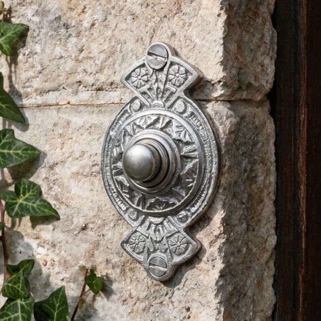 Brushed chrome ornate door bell push Brushed chrome ornate door bell push