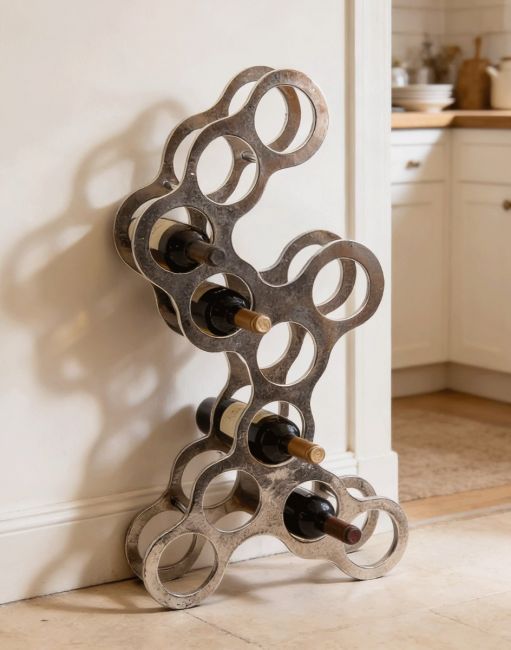The "Hamptens Park" Contemporary Aluminium Wine & Bottle Holder Positioned on a Stone Tiled Floor next to a Contemporary Kitchen - Digital Illustration The "Hamptens Park" Contemporary Aluminium Wine & Bottle Holder Positioned on a Stone Tiled Floor next to a Contemporary Kitchen - Digital Illustration