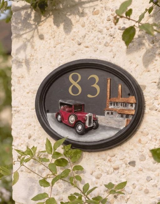 A Number 85 Hand Painted Tin Lizzy Vintage Car House Sign Mounted on a Textured Cottage Garden Wall - Digital Illustration