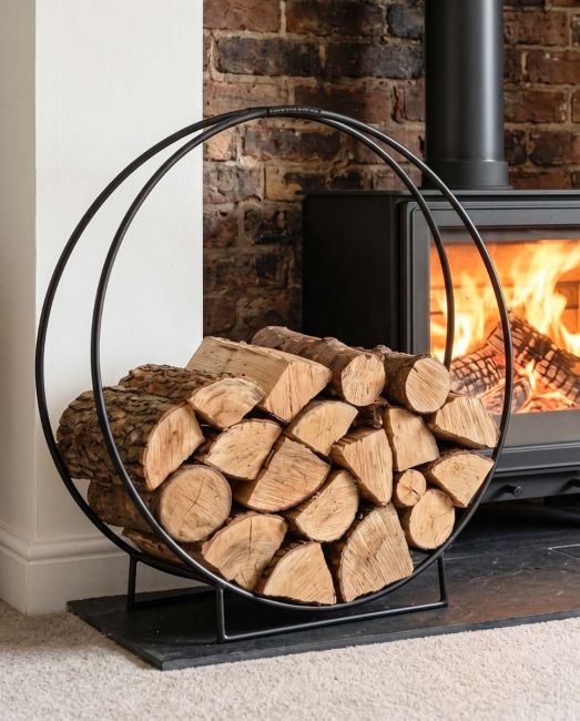“Harewood Park” Contemporary Wrought Iron Log Holder in Situ Next to the Fireplace