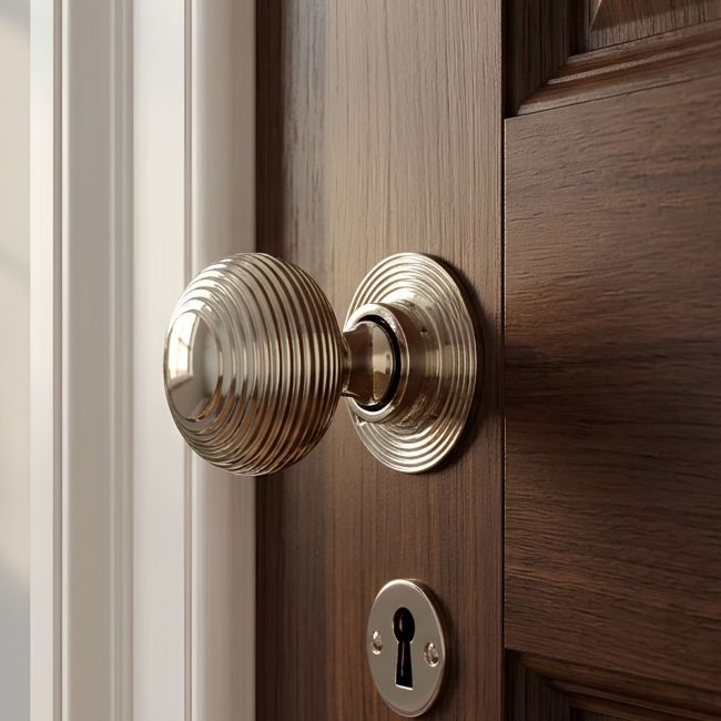 The Heavy Duty Nickel Beehive Door Knobs on a Wooden Door above a matching Key hole - Digital Illustration The Heavy Duty Nickel Beehive Door Knobs on a Wooden Door above a matching Key hole - Digital Illustration