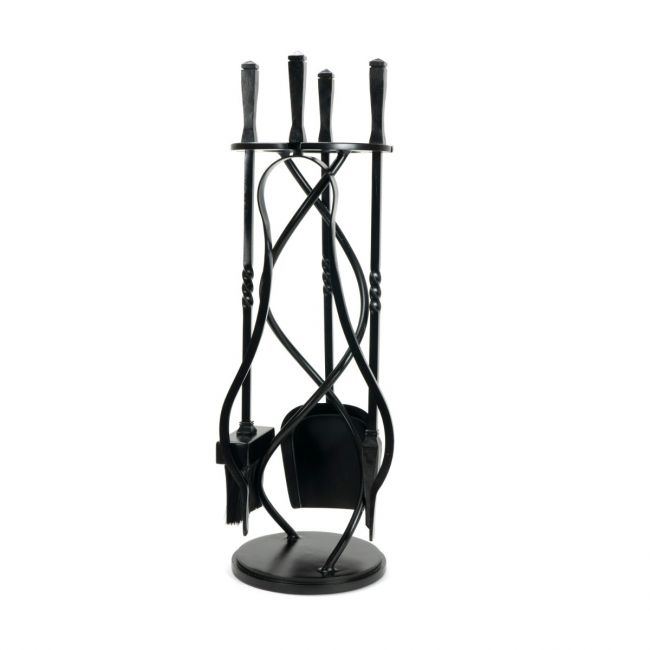 The Helix Fireside Companion Set with Classic Handles in Matt Black Shown Stood up on a White Background