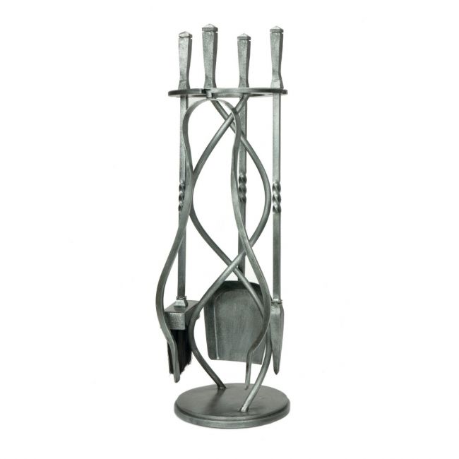The Helix Fireside Companion Set with Classic Handles in Pewter Shown Stood up on a White Background