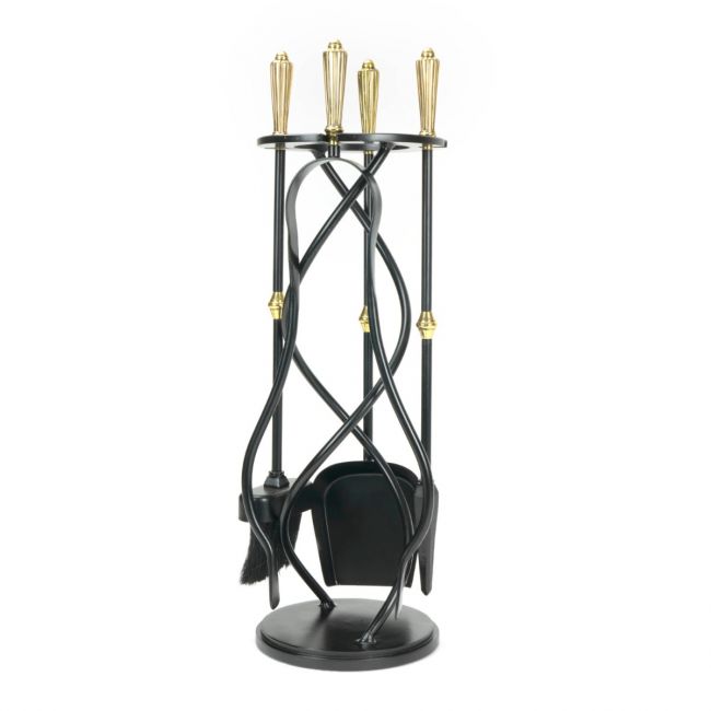 The Helix Fireside Companion Set with Golden Reeded Handles in Matt Black Shown Stood up on a White Background