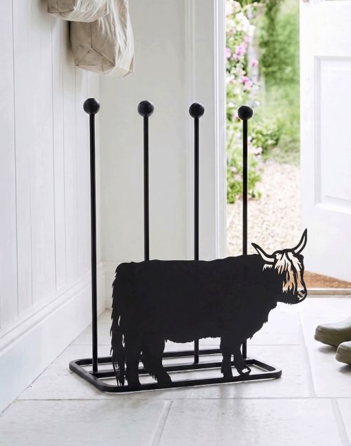 The Highland Cow Double Welly Boot Rack Placed in a Cream Coloured Home Hallway - Digital Illustration The Highland Cow Double Welly Boot Rack Placed in a Cream Coloured Home Hallway - Digital Illustration