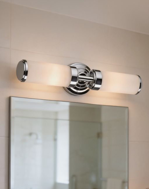 The The Horizontal Polished Chrome Dual Light above a Mirror in a Tiled Bathroom - Digital Illustration 