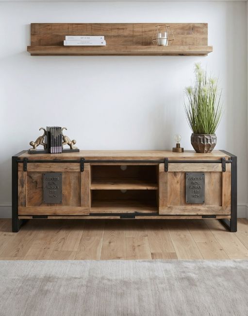 Sliding Door TV Cabinet In a Clean White Modern Living Room with Plants and Ornaments on Top - Digital Illustration 