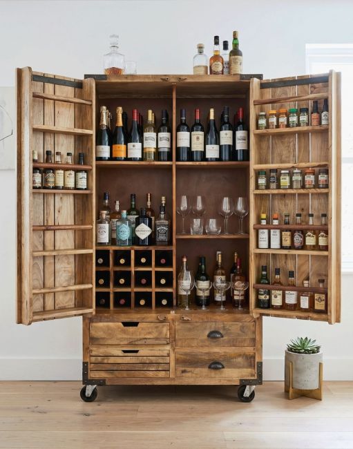 The Industrial "Pallet Wood" Cabinet Displayed Fully Open with a Wide Selection of Wines and Spirits - Digital Illustration 