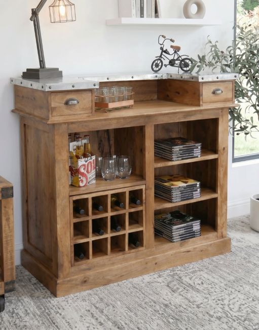 The Industrial Bar Cabinet in a Contemporary White Living Room Displaying Wine Bottles and Books - Digital Illustration