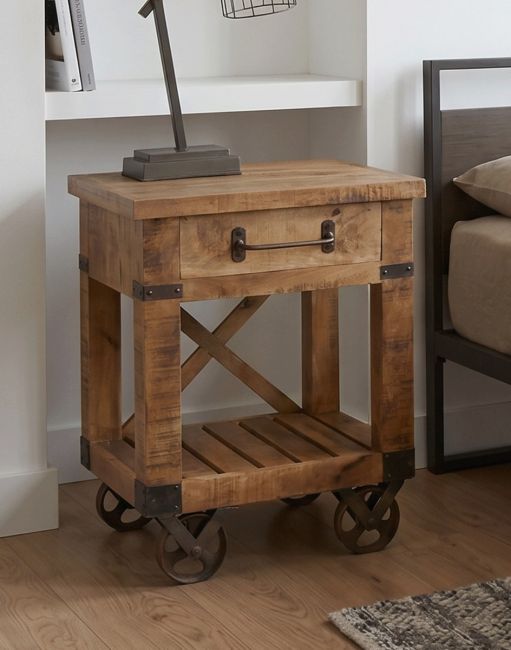 The Industrial Bedside Drawers With Wheels in a Luxurious Bedroom with a Lamp on Top - Digital Illustration 