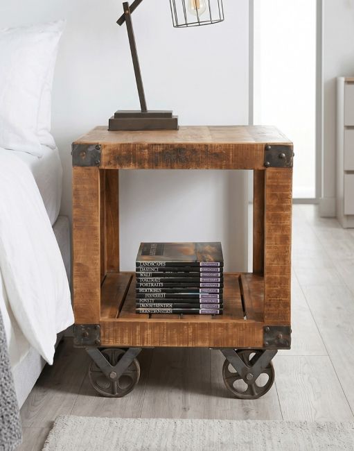 The Industrial Cart Bedside Table Next to a White Bed in a Cool Grey Coloured Bedroom - Digital Illustration