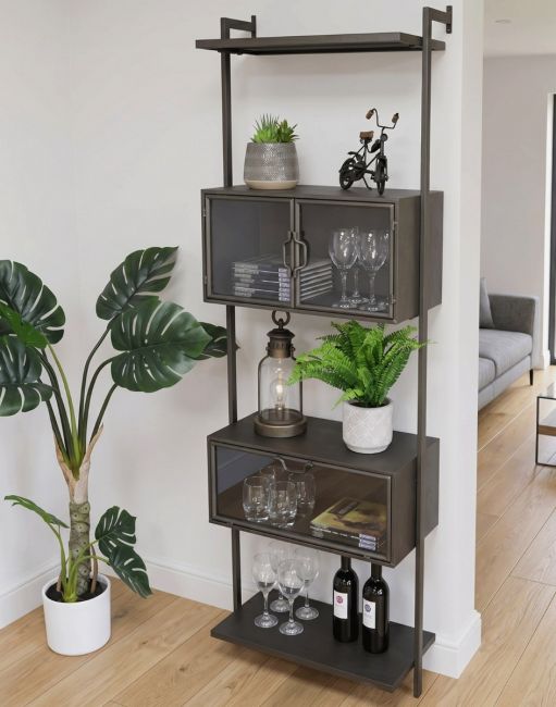 The Industrial Free Standing Wall Unit Next to a White Wall in a Living Room Space next to a Plant - Digital Illustration 
