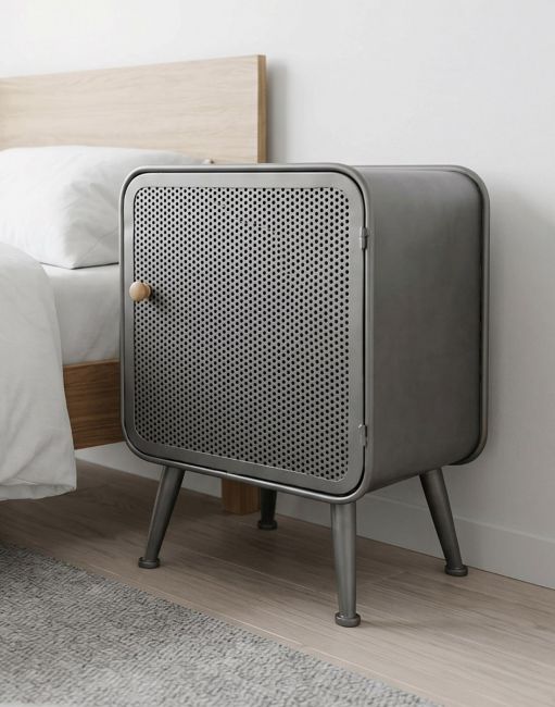 The Industrial Mesh Bedside Cabinet with Wooden Handle on a Vinyl Floor Bedroom next to a White Linen Bed - Digital Illustration