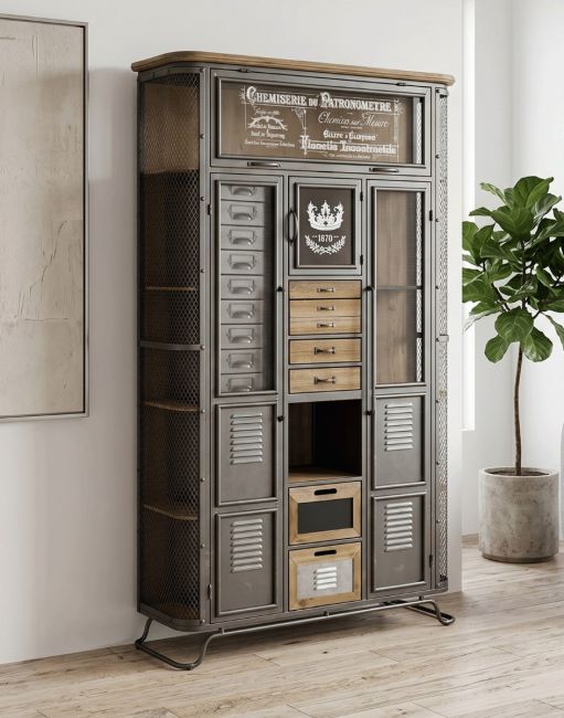 The Industrial Metal Apothecary Style Cabinet Positioned in a Large Contemporary Entrance Hallway - Digital Illustration 