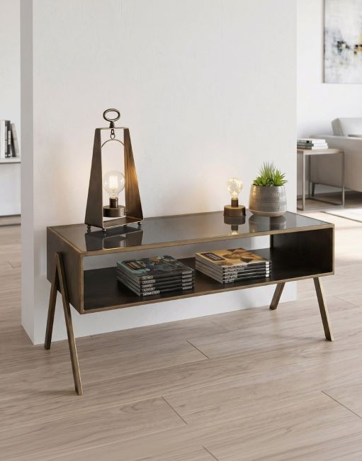The Industrial Metal & Glass Coffee Table in a Modern White Living Room - Digital Illustration