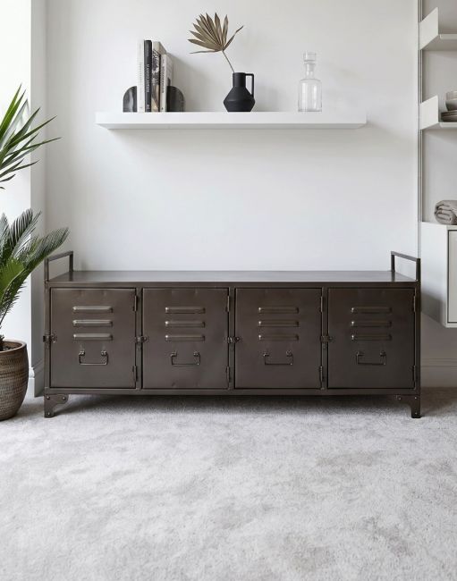 The Industrial Metal Locker Side Cabinet Positioned in a White Living Room with Four Compartments - Digital Illustration