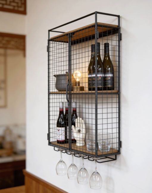 The Industrial Wine Cabinet Cage Mounted on a Kitchen Wall with Glasses Suspended Underneath it - Digital Illustration