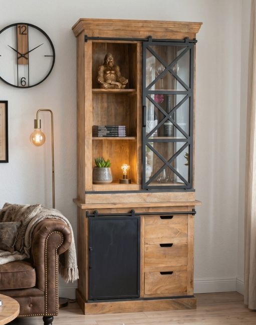 The Industrial Wood & Iron Tall Cabinet in a Cosy Modern Living Room - Digital Illustration 