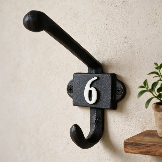 Cast Iron Coat Hook with the Number 6
