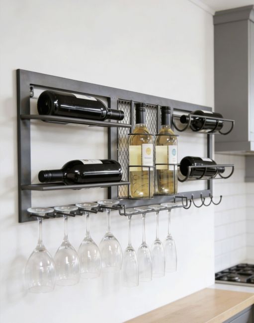 The Iron Wine Bottle & Glass Holder With Hooks Mounted on a Modern White Kitchen Wall - Digital Illustration