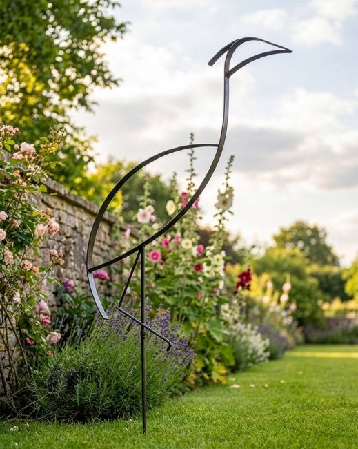 The "Kestin" the Minimalist Heron Garden Sculpture Plant Spike in a Natural Finish Positioned in a Sunny Walled Garden - Digital Illustration 