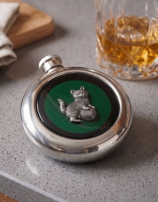 The Kitten Whiskey Flask next to a Whisky Tumbler - Digital Illustration