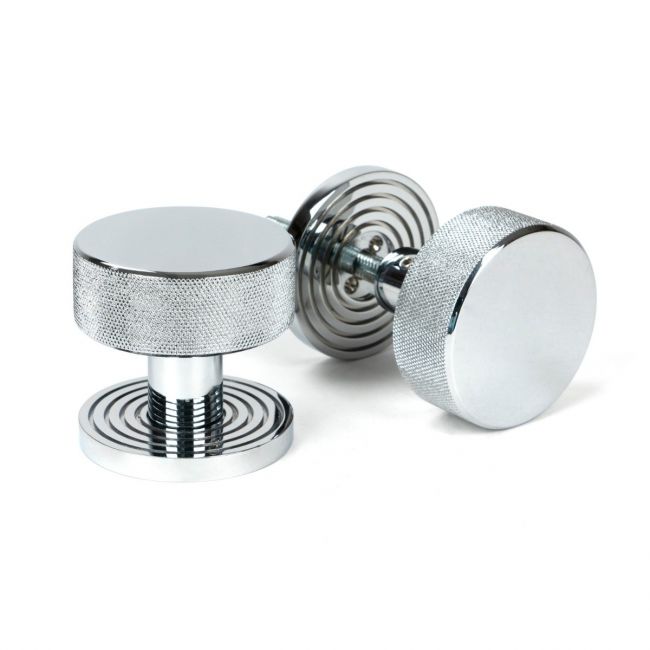 Knurled Mortice/Rim Knob Set on a Beehive Rose - Polished Chrome Knurled Mortice/Rim Knob Set on a Beehive Rose - Polished Chrome